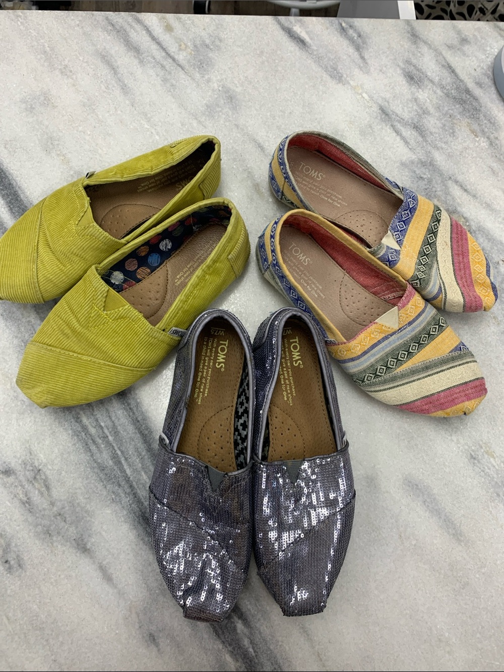 Lot of Toms Slip-On Trio — Chartreuse Green, Multi-Stripe, Silver Sequin 7.5 - Picture 1 of 7